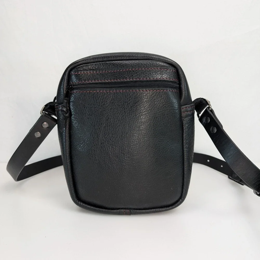 Full Grain Leather Crossbody Bag Purse Black Red Contrast Stitching Messenger